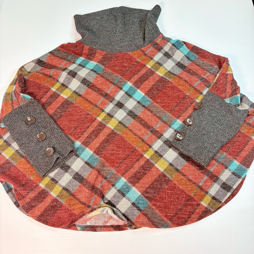 Chris & Carol Multicolor Plaid Cowl Neck Artsy Boho Lagenloom Poncho Sweater 2XL - Picture 10 of 15